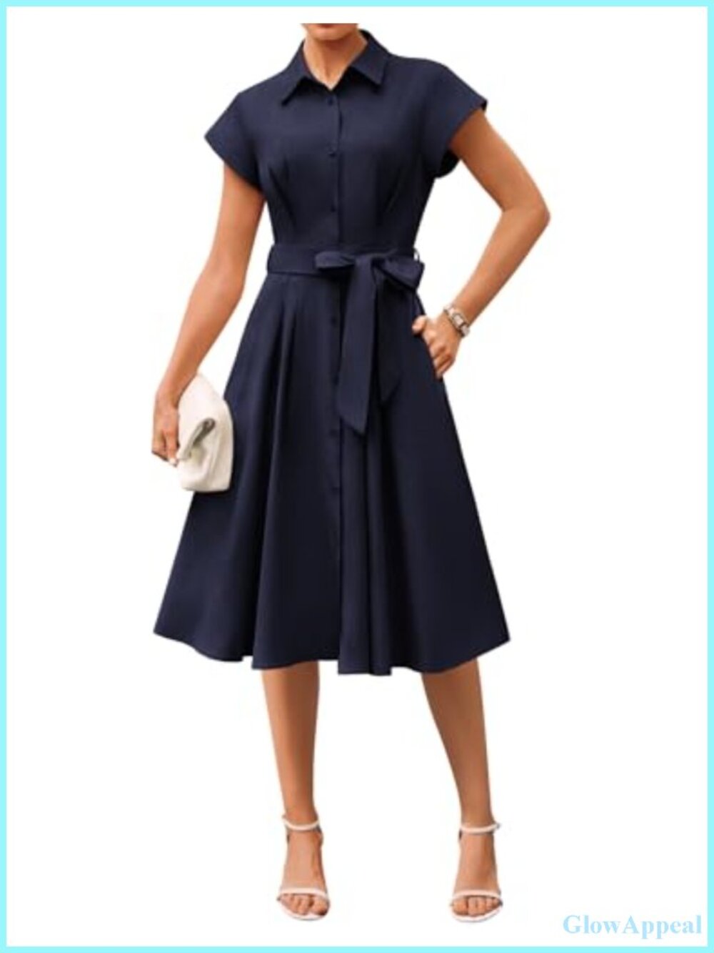 Womens Business Casual Midi Shirt Dress Smocked Waist with Belt